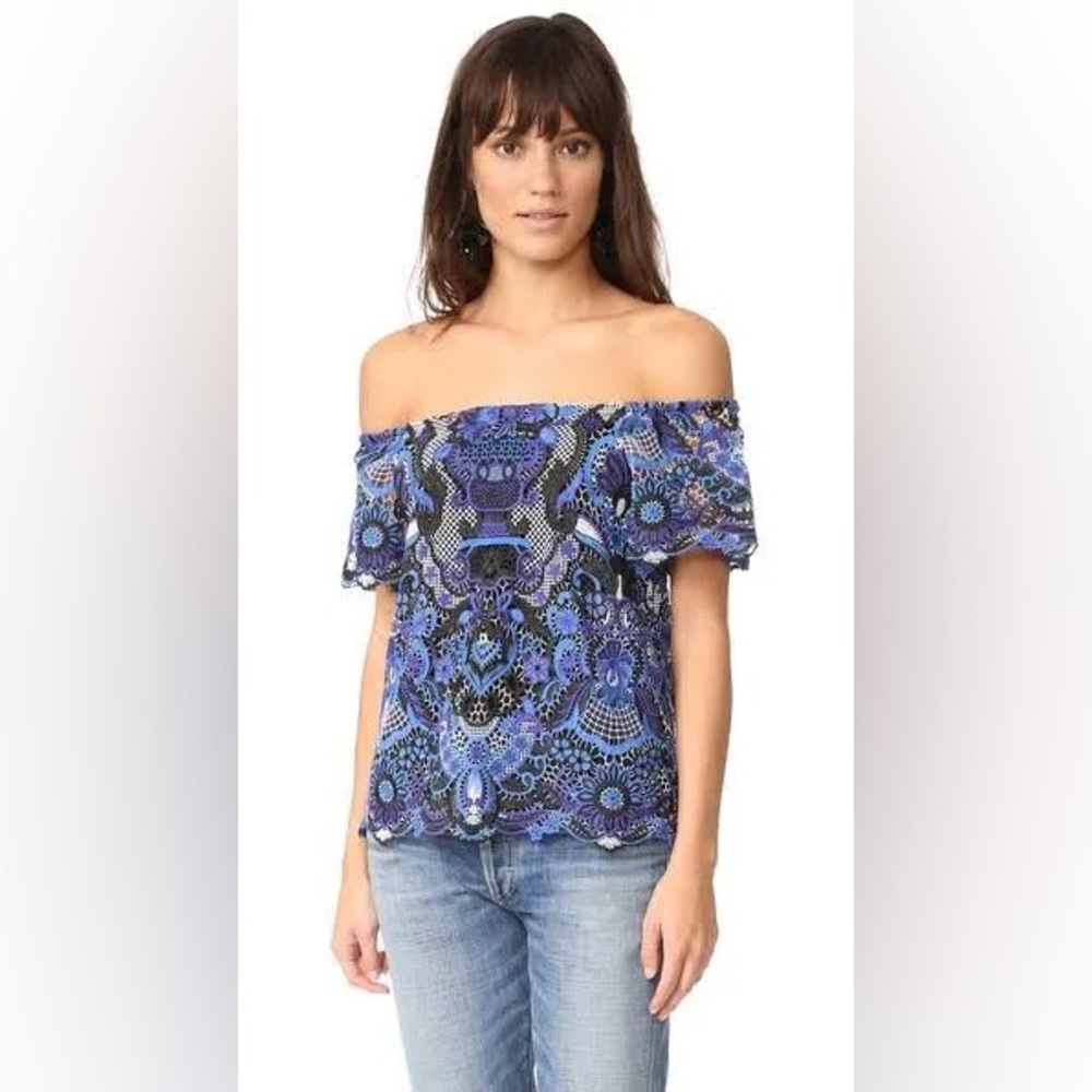 Alice + Olivia Blue Black Off-Shoulder Floral Blouse